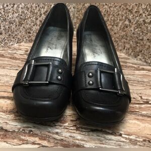 Marc Fisher Black Slip-On Wedges with Buckles